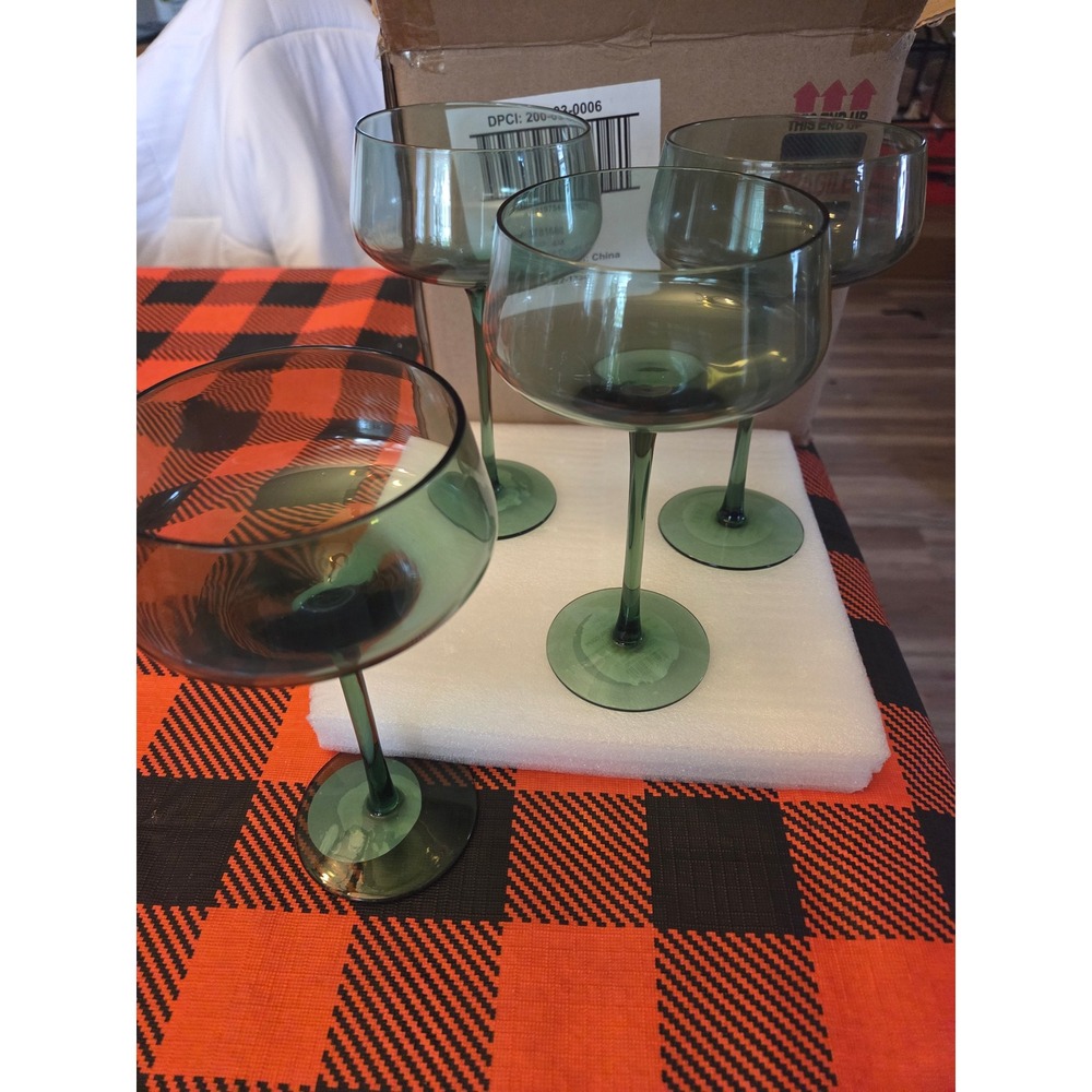 Threshold Glass Cocktail Coupe Smoke Green Set of 4 Mid Century Modern Style